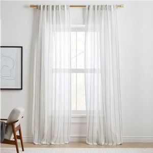 * PAIR *  West Elm Sheer Linen Mini Stripe Curtain - White / Slate  48 x 96